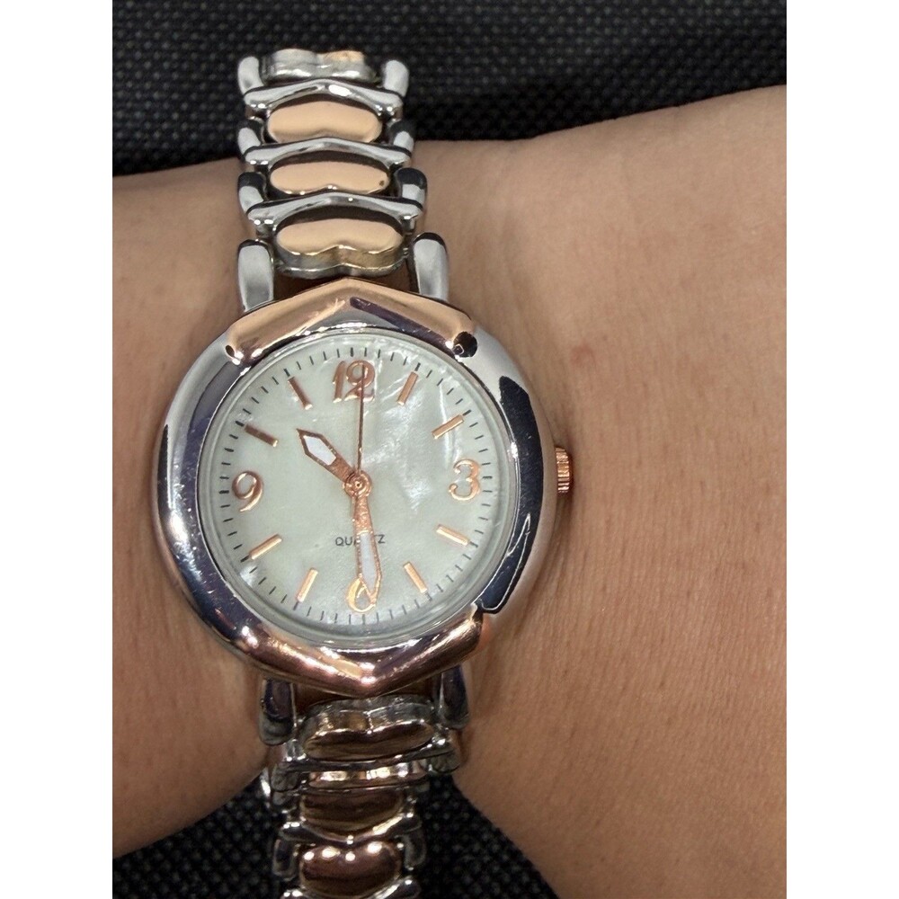 John Wind Two Tone Heart Link Quartz Watch Mother of Pearl Dial Women’s